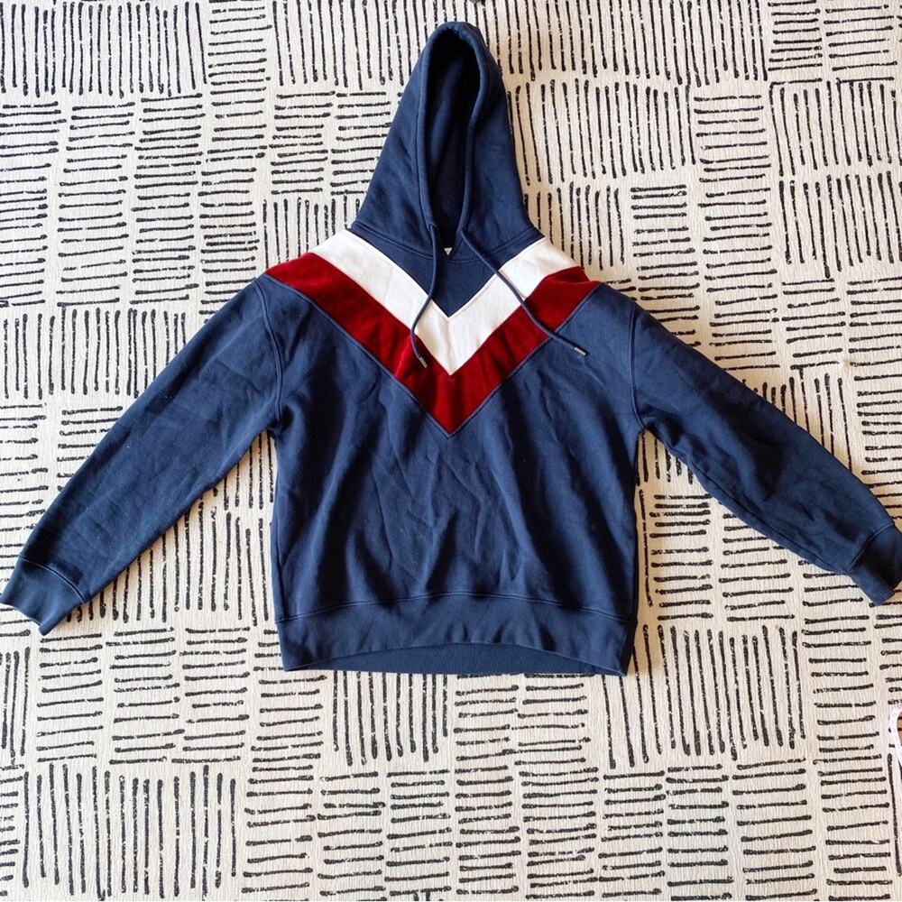 Sandro Paris Hooded Sweatshirt With Velvet Insert In Blue Size Small - Picture 2 of 10